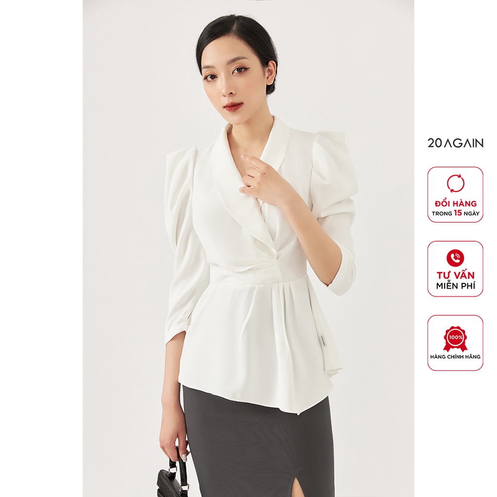 Áo sơ mi nữ tay lỡ cổ sam 20AGAIN, công sở cách điệu, vạt chồng nhún eo nữ tính ASA2097
