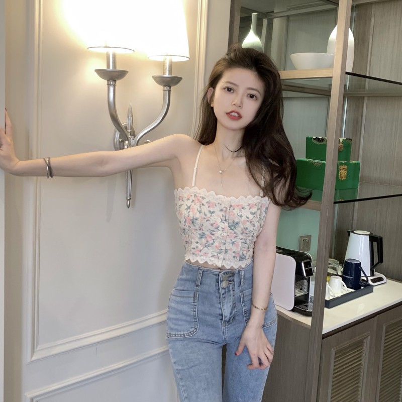 Cocory vn Áo Croptop Hai Dây Phối Ren In Hoa Phong Cách Quyến Rũ | BigBuy360 - bigbuy360.vn