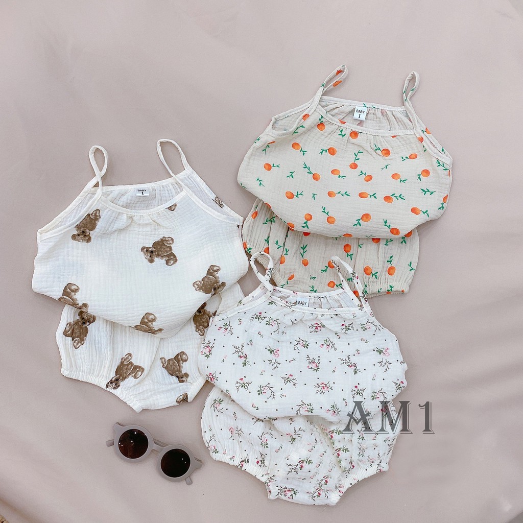 Bộ bé gái hai dây kèm quần Muslin xô (HN 748)