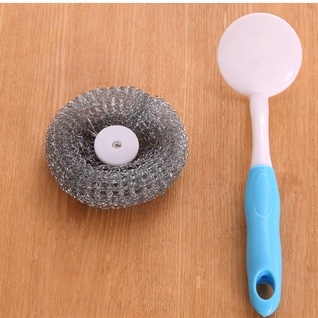 Cây cọ bùi nhùi sắt cán dài rửa bát xoong nồi chảo làm sạch vết bẩn tay cầm bằng nhựa