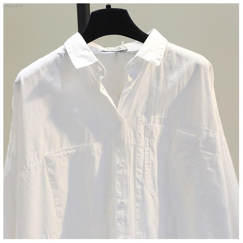 Áo sơ mi trắng dáng rộng chất liệu cotton có túi phía trước phong cách Hàn Quốc cho nữ 2021