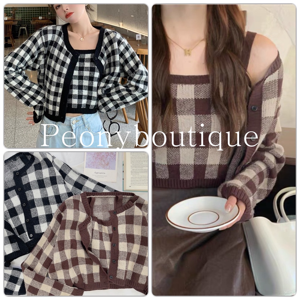 Set Cardigan Len Caro QCCC Nữ [FREESHIP]  Bộ áo khoác kèm 2s croptop vintage, nỉ sweater Peonyb cá tính Ulzzang