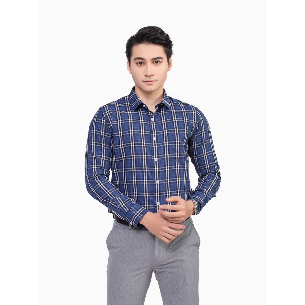Áo sơ mi nam dài tay ARISTINO ALS27601 somi công sở vải sợi sồi cao cấp mềm mát màu xanh kẻ trắng đen dáng suông có túi