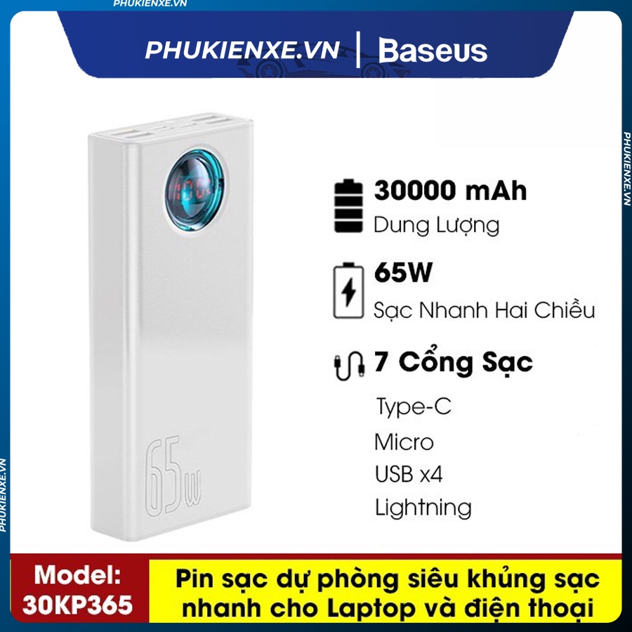 Pin sạc dự phòng Baseus BS-30KP365 dung lượng 30000mAh - 65W sạc nhanh QC3.0 cho Iphone Ipad Laptop