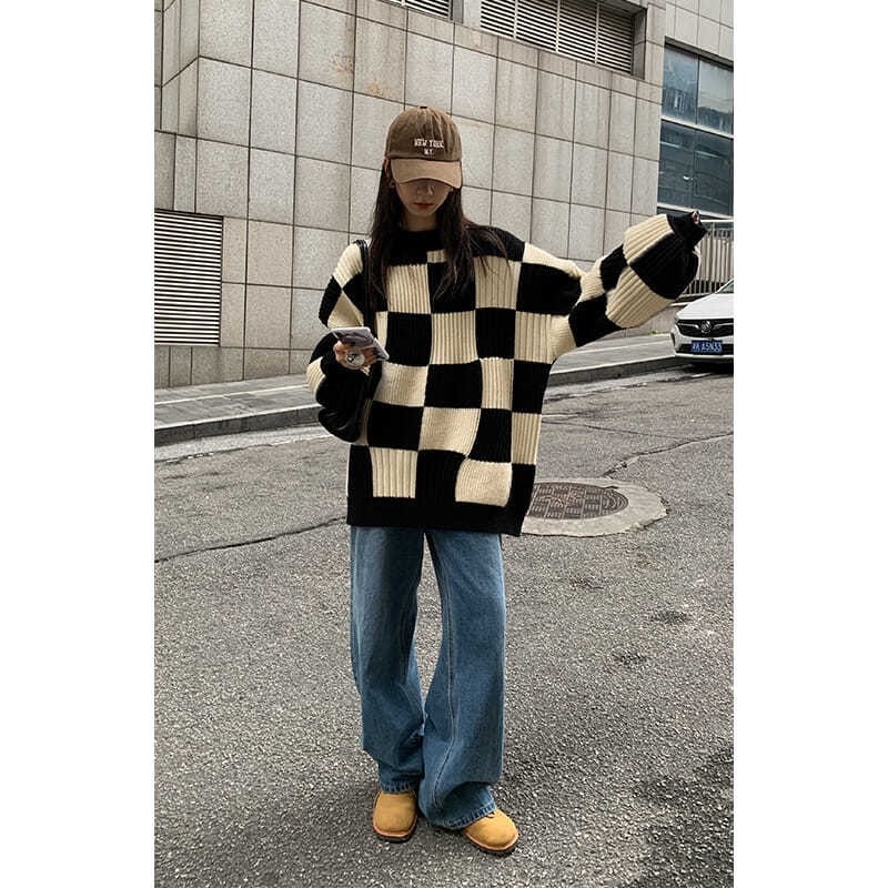 Áo len dài tay họa tiết ca rô thời trang dành cho nữ