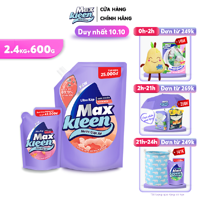 Combo Túi Nước Giặt Xả MaxKleen 2.4Kg Cam Sả Sạch Khuẩn + Túi Nước Giặt Xả 600g Hoa Nắng