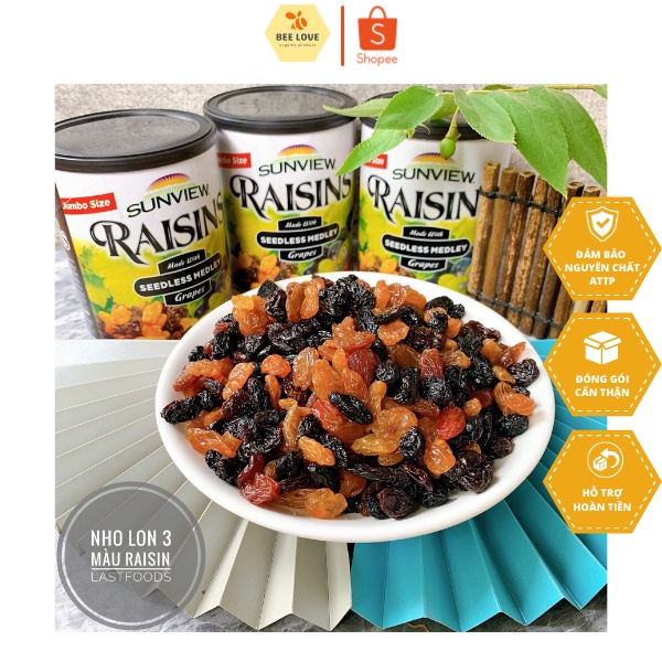 Nho khô loại cao cấp. đóng gói lon 3 màu Raisin, date mới