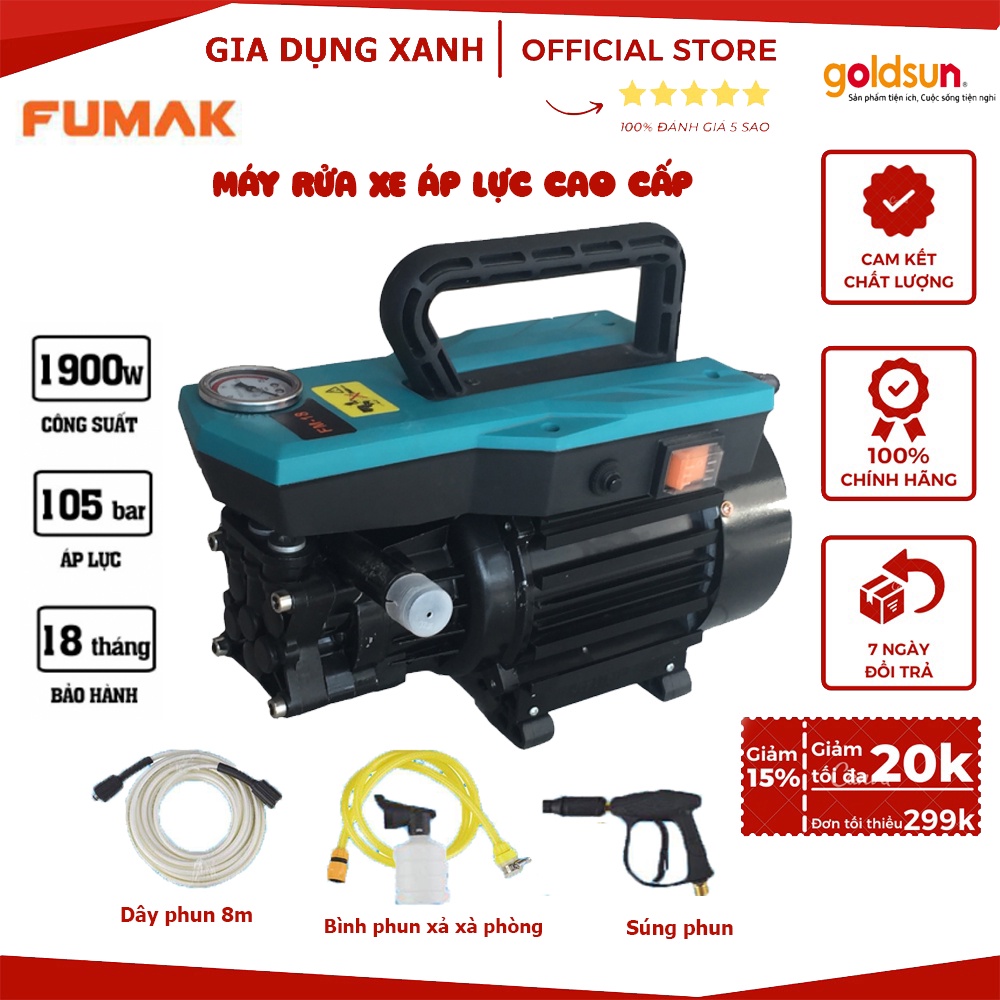 Máy rửa xe áp lực Fumak FM18, Độ bền cao, Van một chiều cỡ lớn, Mô tơ khỏe, Di chuyển dễ dàng, BH 18 tháng, Lỗi 1 Đổi 1!