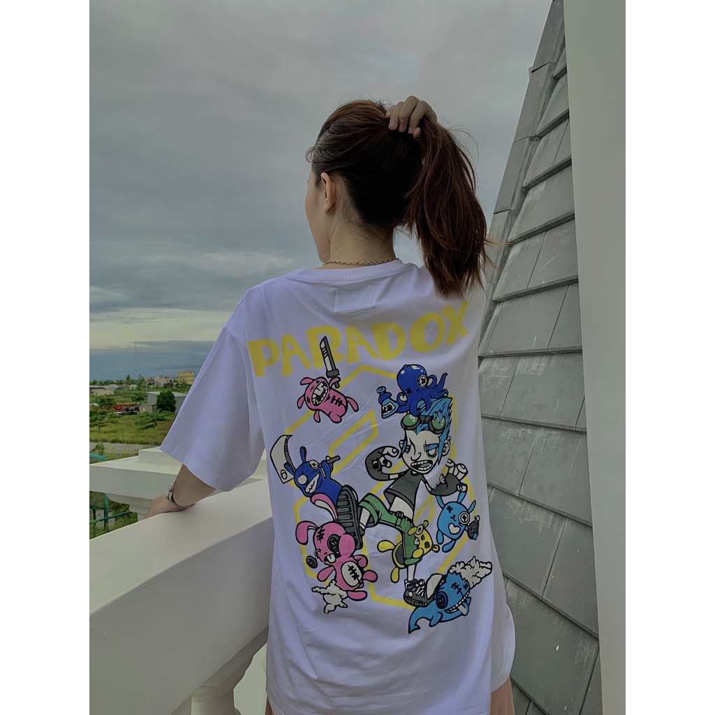 Áo thun tay lỡ basic Paradox form rộng -nam nữ Unisex - In hình - CARTOON FIGHTING - Màu trắng
