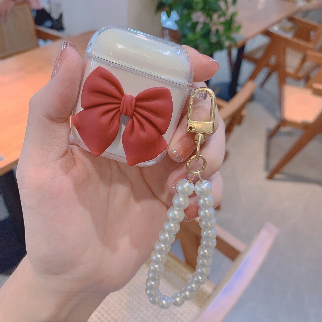 Vỏ bảo vệ tai nghe bluetooth Airpods bằng Sillicone dẻo, ốp Case cute, Airpods 2/pro - HÌNH NƠ CUTE CÓ DÂY CỰC XINH