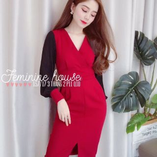 đầm cổ V tay phối lưới