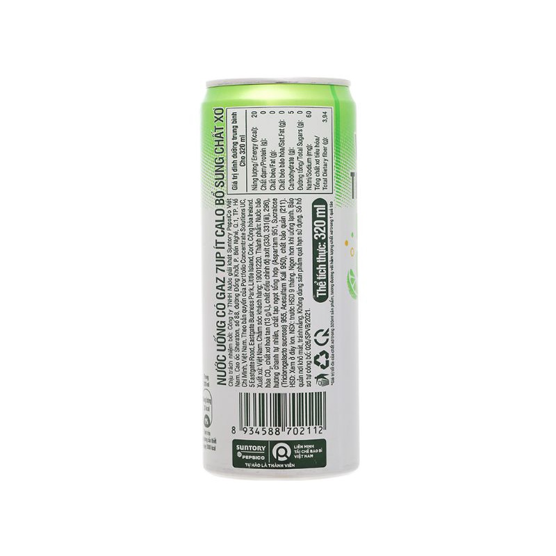 Lốc 6 lon 7UP ít calo bổ sung chất xơ 320ml