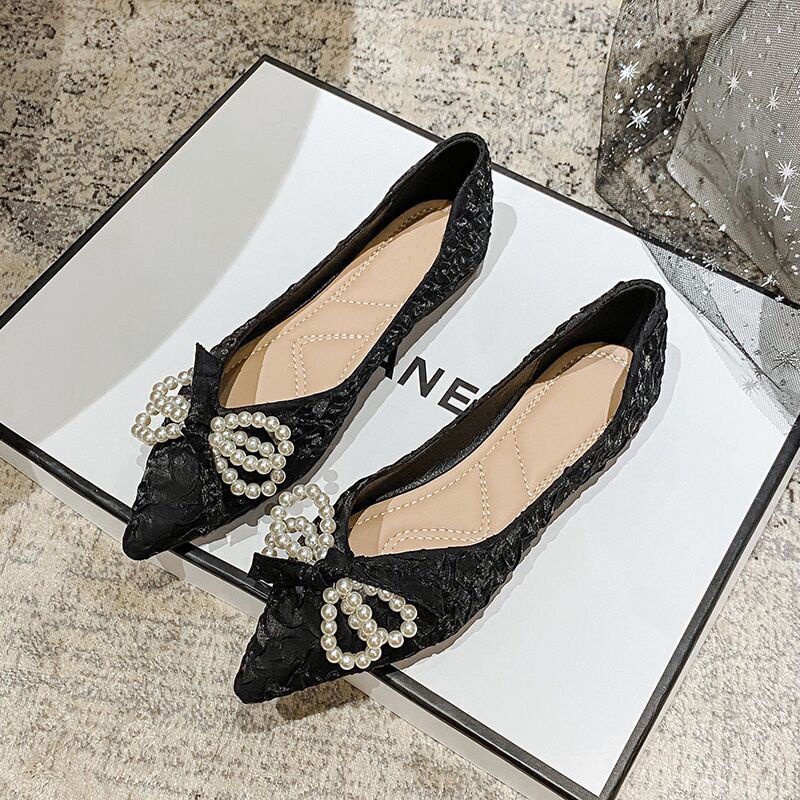 Giày búp bê mũi nhọn đính nơ và ngọc trai thời trang 2021 cho nữ