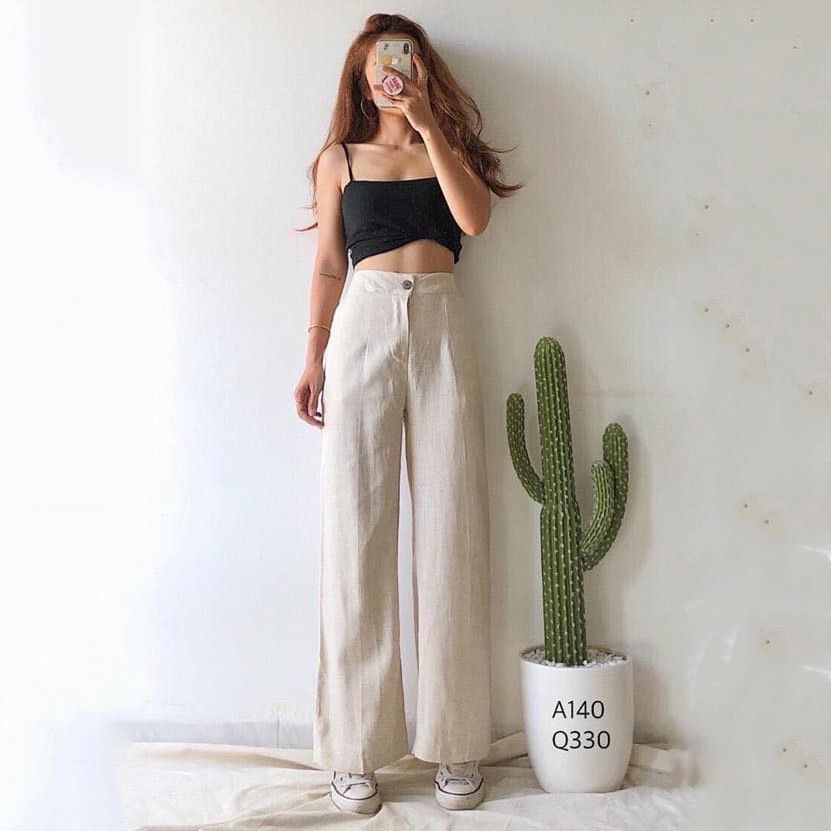 Quần ống rộng vải đũi lưng cao dài 100cm - chất đũi mềm mại thoáng mát - Màu đen, trắng, kem MIX đồ cực đỉnh | BigBuy360 - bigbuy360.vn