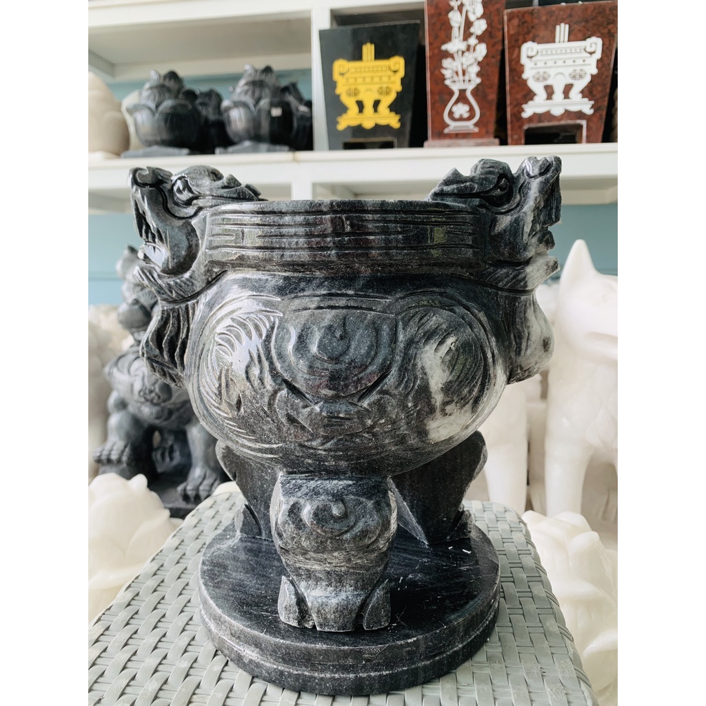 Lư hương, bát nhang thờ cúng chạm rồng đặt bàn thờ, mộ đá vân đen