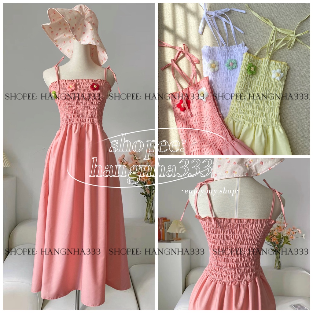 NEW || Đầm 2 dây chun ngực thêu hoa nổi cột dây form xòe siêu xinh