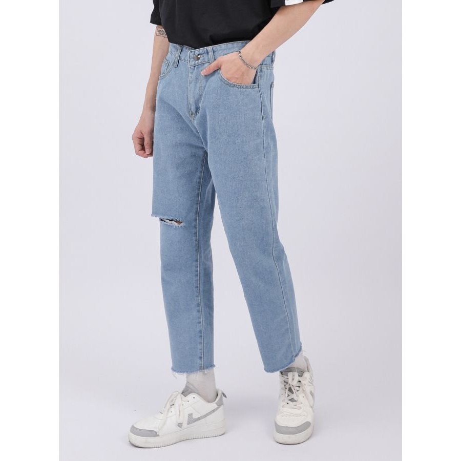 Quần Jean Nam Rách Gối MANDO Vải Bò Cao Cấp 2 Màu Xanh Đen Form Suông Rộng Basic Unisex Thời Trang Hàn Quốc QJN056 | BigBuy360 - bigbuy360.vn