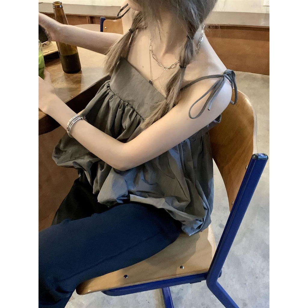 Áo hai dây phồng màu trơn thời trang mùa hè 2021 dành cho nữ