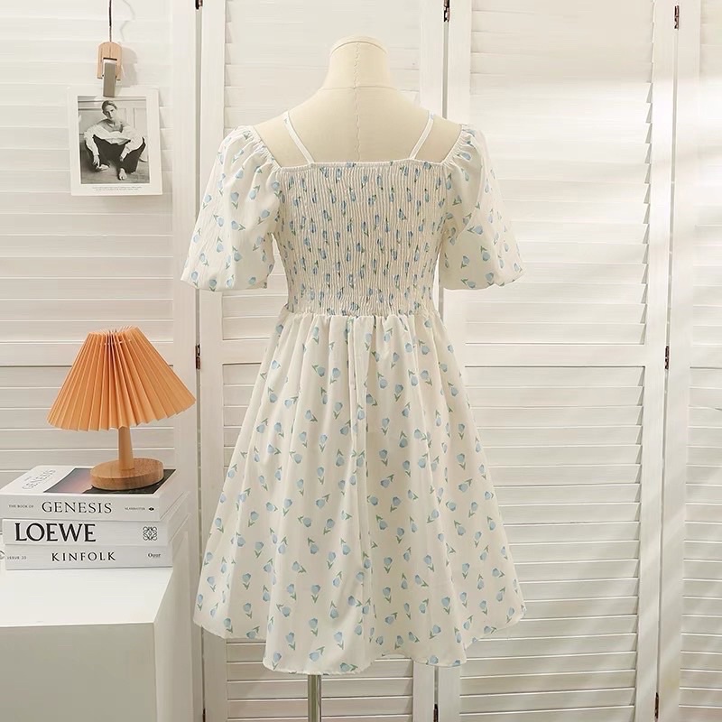 Váy hoa nhí bo chun ngực mặc được 2 kiểu