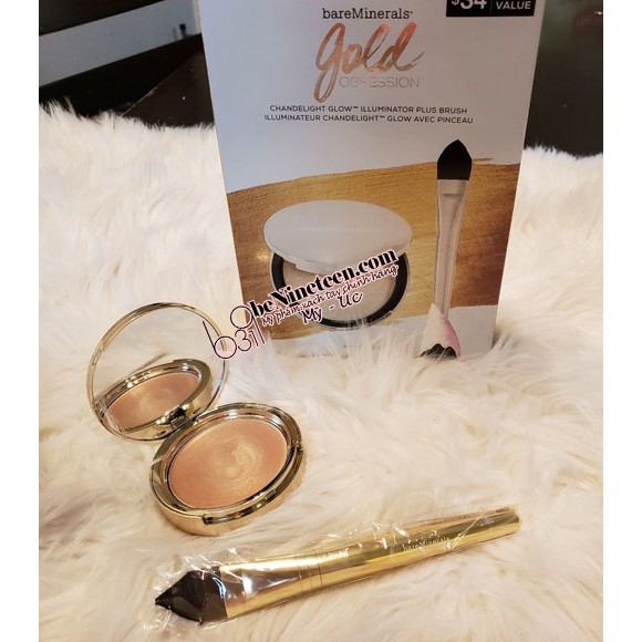 [SALE OFF 50%] Bộ Phấn bắt sáng bareMinerals Gold Obsession + Cọ Complexion Perfector Brush [BeNineteen]