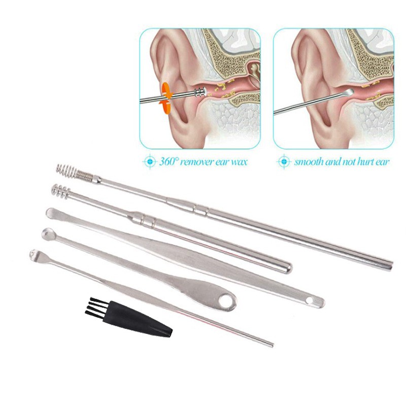 Bộ lấy ráy tai cao cấp 6 món vệ sinh tai bằng thép không gỉ, Dụng cụ lấy ráy tai thông minh hộp nhôm nhỏ gọn tiện lợi