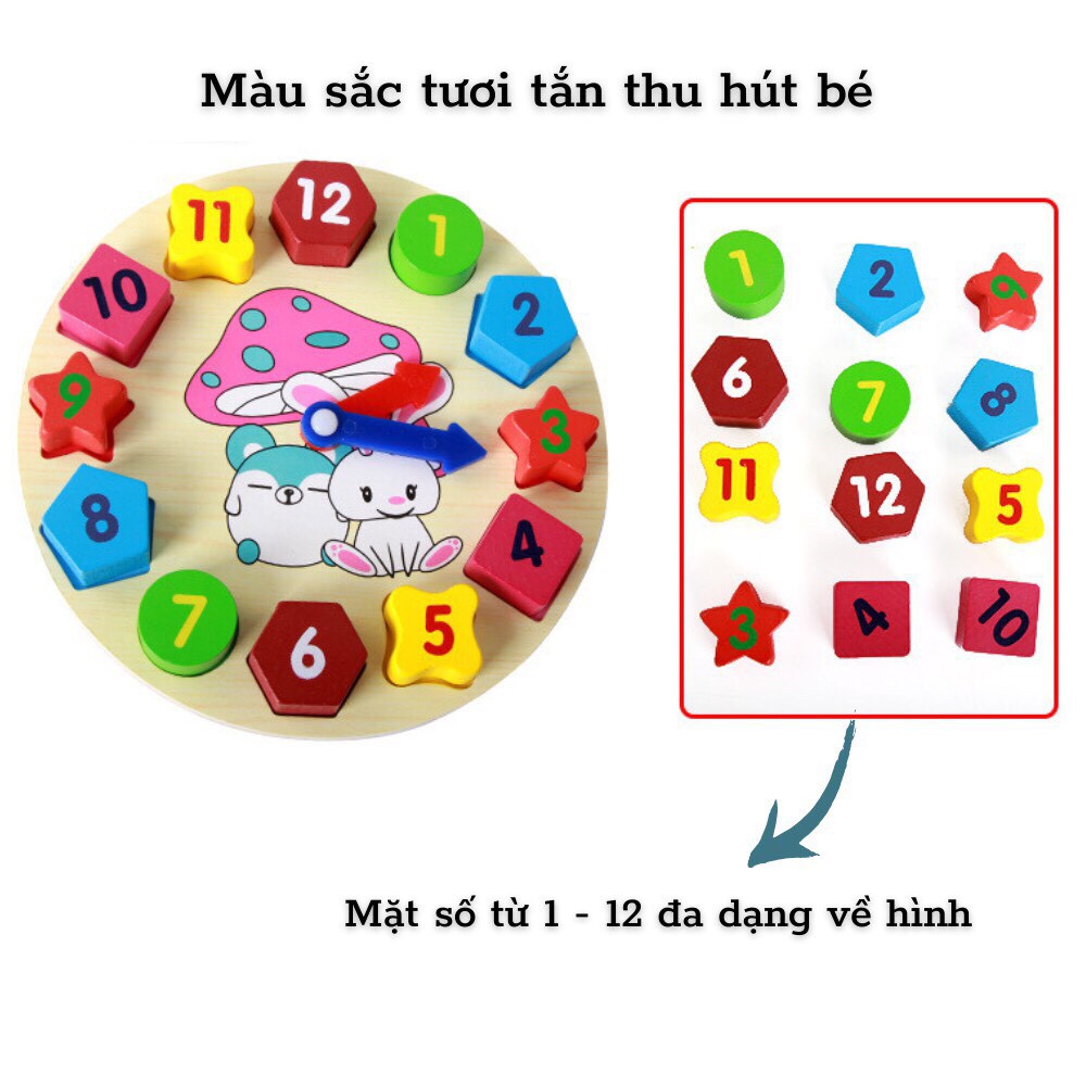 Đồ chơi trẻ em đồng hồ gỗ thông minh, đồ chơi gỗ cho bé phát triển trí tuệ và phân biệt màu sắc,hình khối