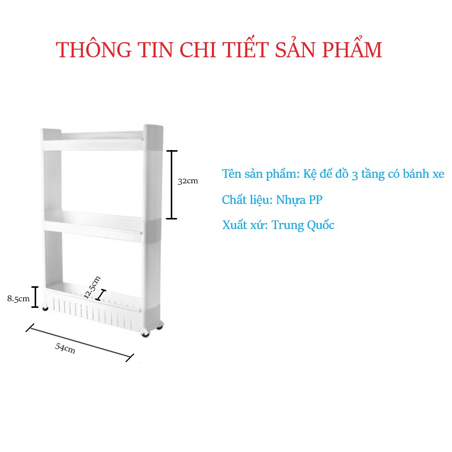 Kệ 3 tầng đa năng có bánh xe, kệ để đồ nhà tắm, nhà bếp