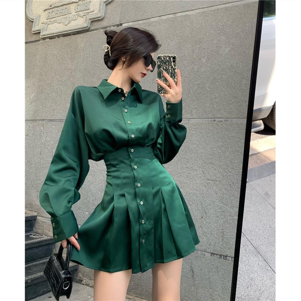 Đầm sơ mi cổ chữ V tay dài dáng ngắn phong cách Retro thời trang mùa thu mới 2021 sành điệu cho nữ