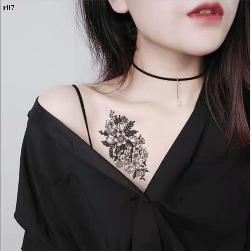 Hình xăm hoa đơn sắc r07. Tatoo dán tạm thời size 10x6cm