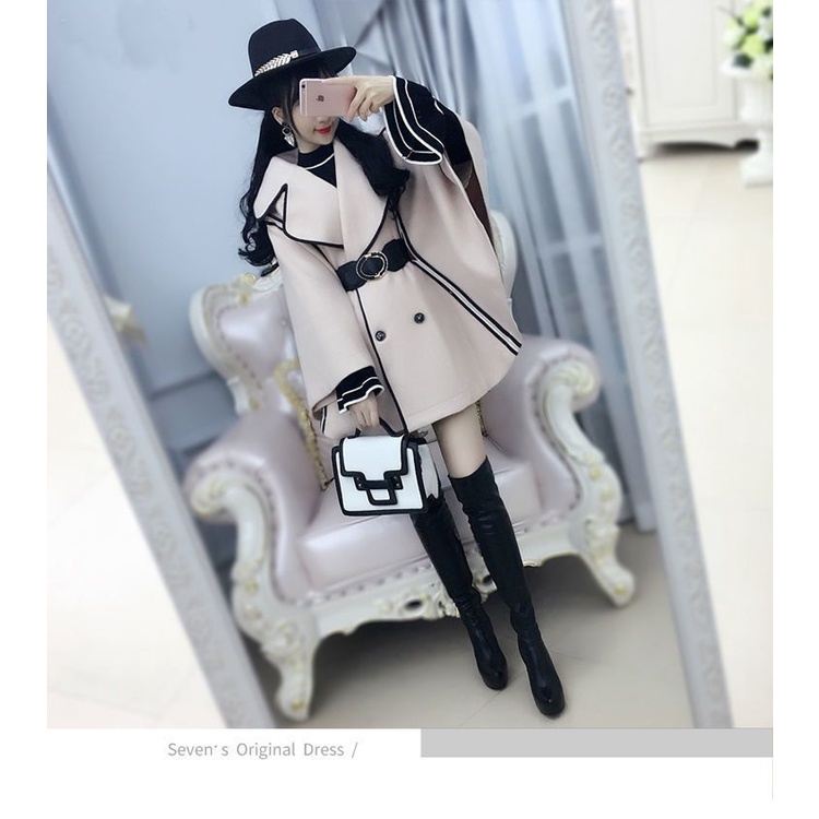 Áo khoác mùa đông thêm nhung dày thì áo lông dơi viền đen màu be, choàng nữ 2020 mới | BigBuy360 - bigbuy360.vn