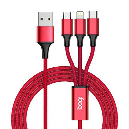 Cáp Sạc Dù Chính Hãng Bagi 3 Trong 1 Dài 1.2m AS120 Tích Hợp 3 Cổng Kết Nối USB – Bảo Hành 12 Tháng 1 Đổi 1