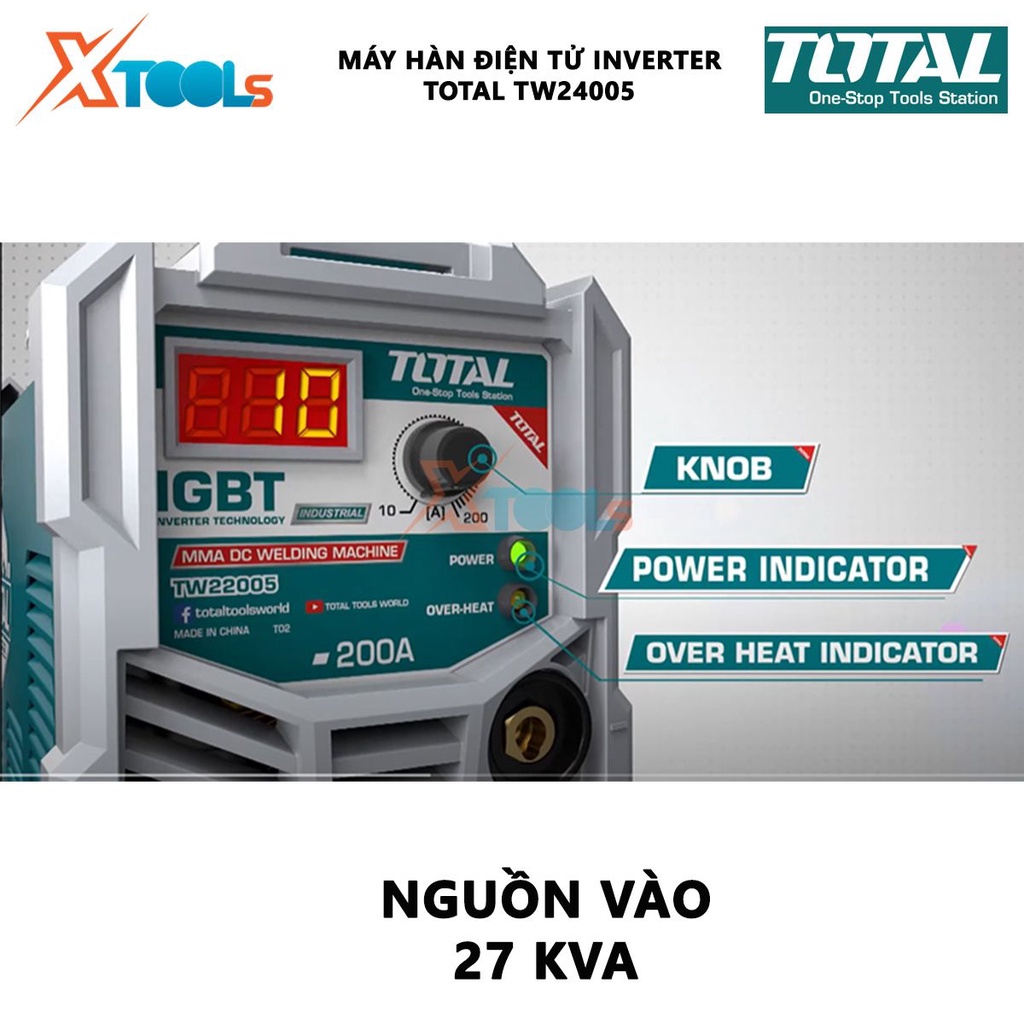 Máy hàn điện tử  TOTAL TW24005 Máy hàn điện tử Inverter MMA Nguồn vào 27 kVA  Dòng điện: 20-400A  Điện cực hàn Ø1.6-6.0m