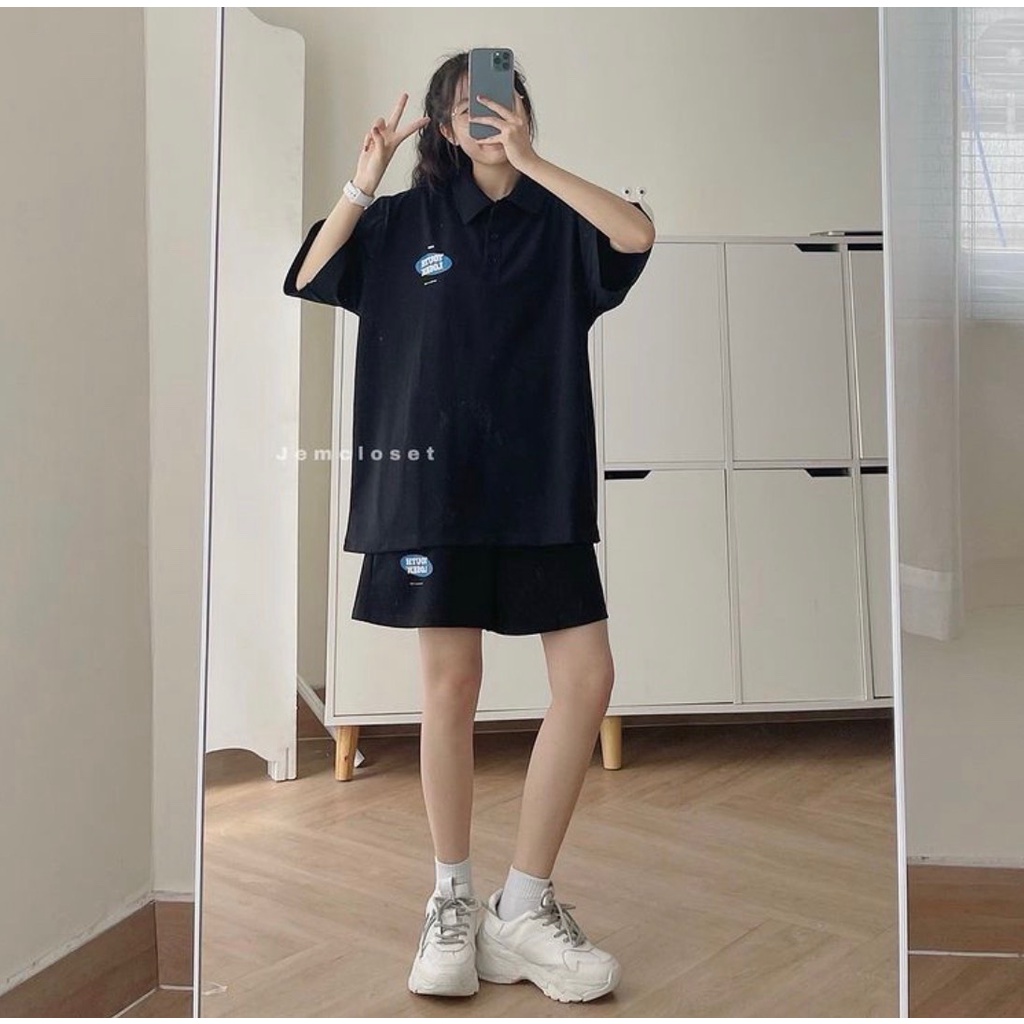 Set bộ áo polo tay lỡ logo kèm short đùi ống rộng unisex trẻ trung năng động