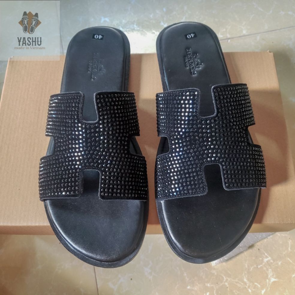 Dép HM Đen Đính Đá Hot, Dép Lê Quai Ngang Black Nam Nữ Ảnh Thật, Da Thật 100% Full Box Bill