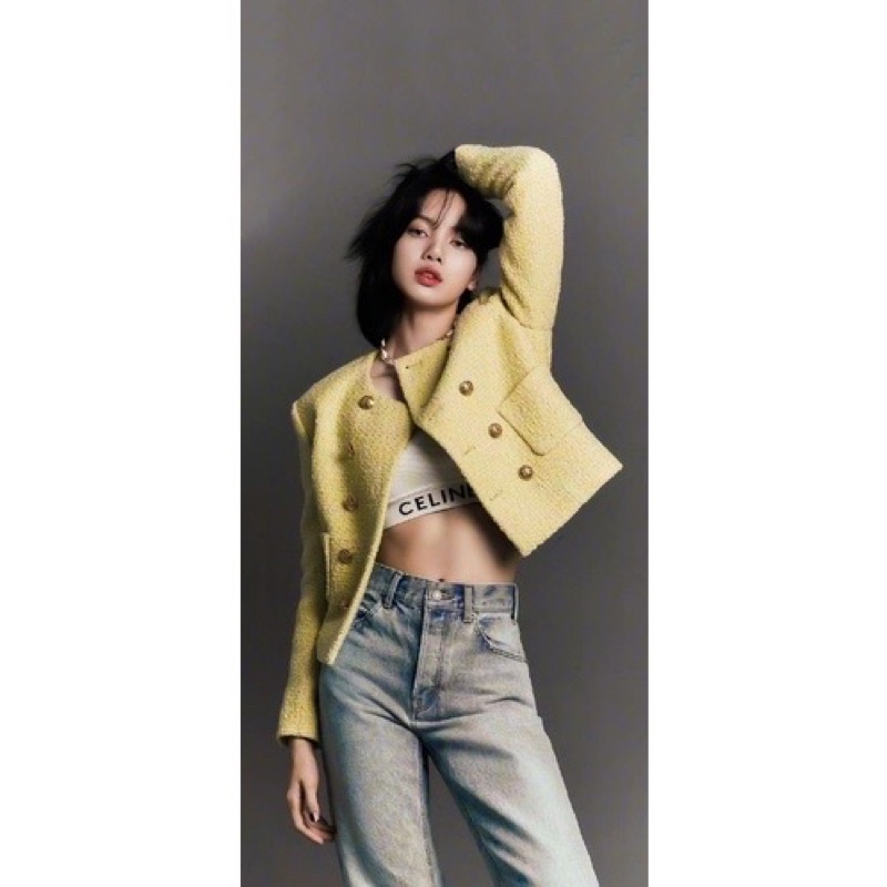 Áo khoác blazer vải tweed màu vàng giống Lisa BLACKPINK