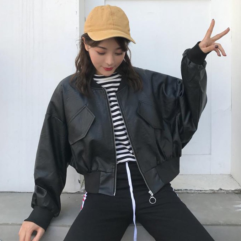 [Sẵn] Áo khoác bomber jacket dáng ngắn da PU đen form rộng oversize (ảnh thật) | BigBuy360 - bigbuy360.vn