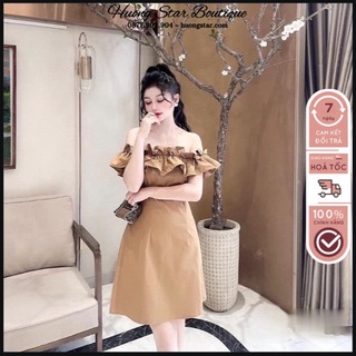 Váy đầm nữ a56 xòe trễ vai màu nâu dáng suông bèo ngực cao cấp