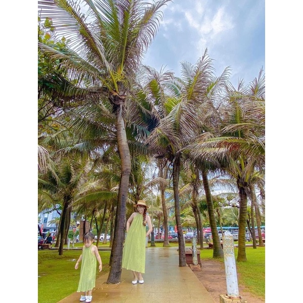 Đầm Maxi Xanh cốm Đi Biển, Đầm Đôi Mẹ Bé