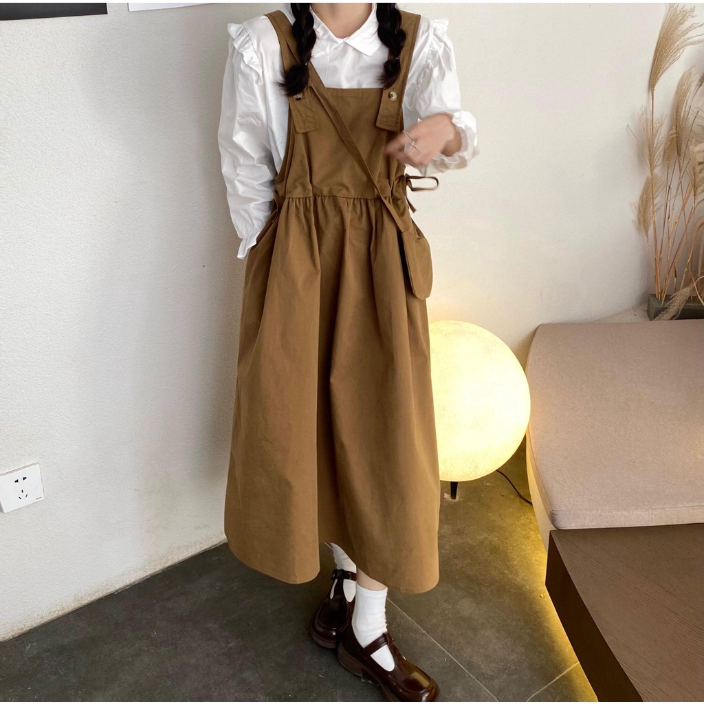 ▨Bộ áo sơ mi trắng + đầm dây rút thiết kế mới thời trang theo phong cách hàn quốc cho nữ | BigBuy360 - bigbuy360.vn