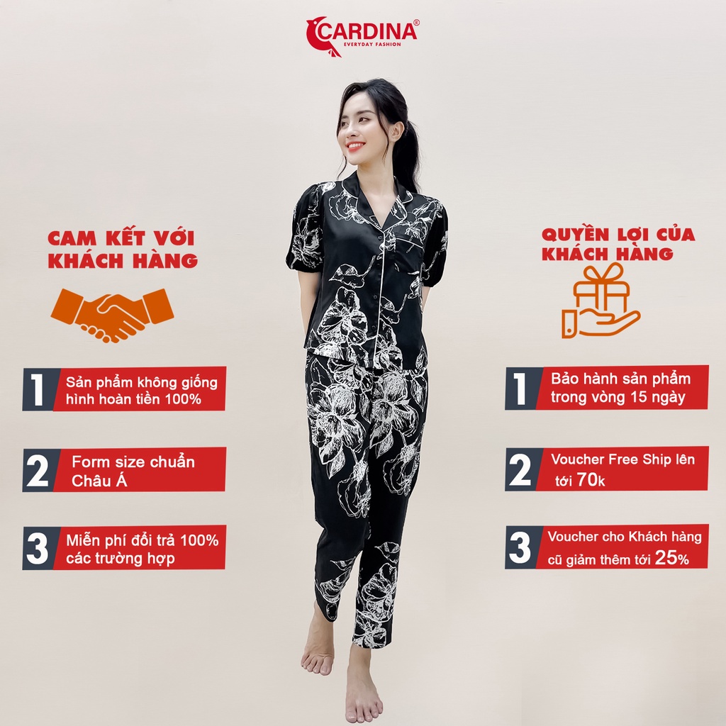 Đồ Bộ Pijama Nữ 𝐂𝐀𝐑𝐃𝐈𝐍𝐀 Chất Lụa Satin Nhật Cao Cấp Áo Tay Phồng Quần Dài Họa Tiết Trẻ Trung 2Pi03