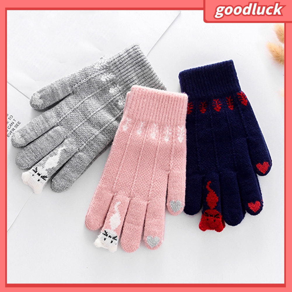 Găng tay dệt kim in hình mèo cảm ứng màn hình thời trang cho nữ