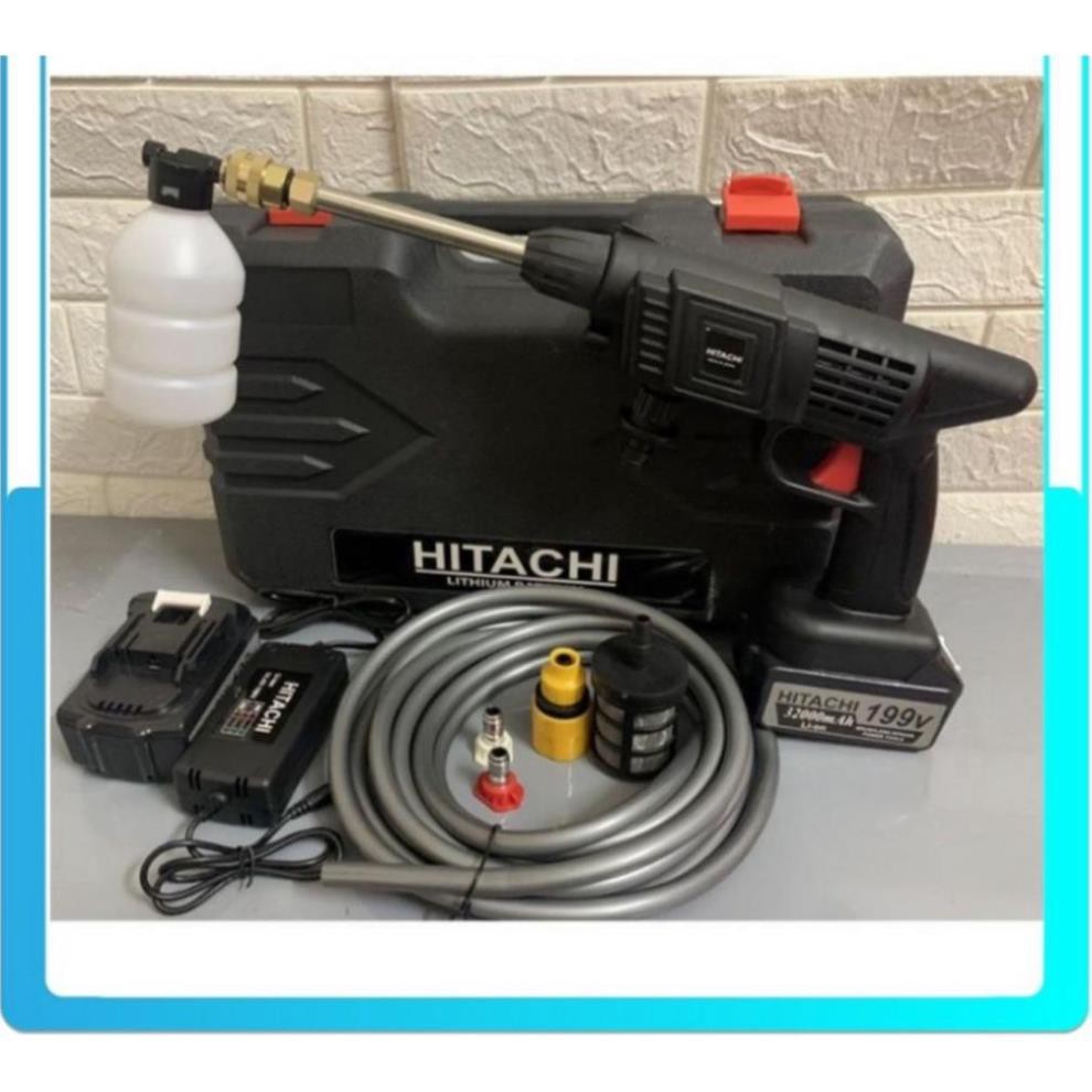 Máy xịt rửa xe máy ô tô áp lực cao bọt tuyết HITACHI 199V cầm tay PIN SẠC CỰC MẠNH dùng gia đình giá rẻ