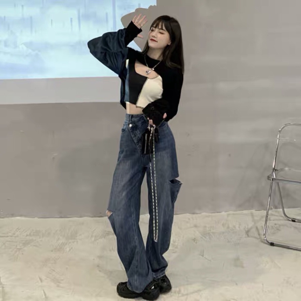 Set Áo Thun 2 Món Croptop Dài Tay Viền Chỉ Nổi Cut out + Áo Ba Lỗ Mix Màu Trắng Đen Mặc 2 Kiểu