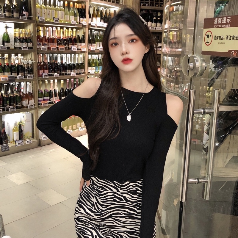 ZHELIHANGFEI Áo Thun Tay Dài Dáng Ôm Hở Vai Quyến Rũ Cho Nữ