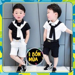 Set công tử cho bé trai🍎[𝐅𝐑𝐄𝐄𝐒𝐇𝐈𝐏]🍎Đồ bé trai phong cách hàn quốc kèm nơ cổ chất đũi mát mặc hè-SHOP BỐN MÙA
