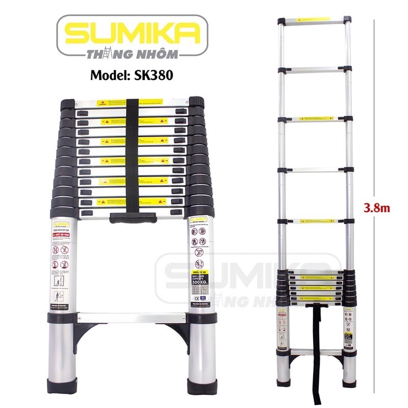 Thang nhôm rút đơn SUMIKA SK380,Màu đen cao 3.8 Mét,rút gọn 0,81cm-Tải trọng 300 Kg