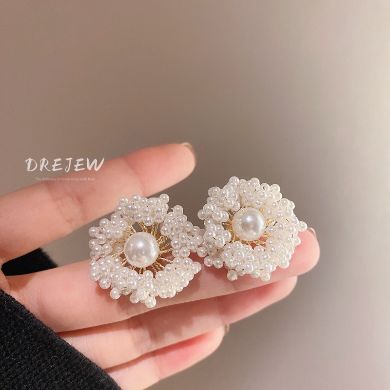 DREJEW Khuyên tai mạ vàng / bạc hình hoa đính ngọc trai phong cách mori Pháp ngọt ngào thời trang cho nữ
