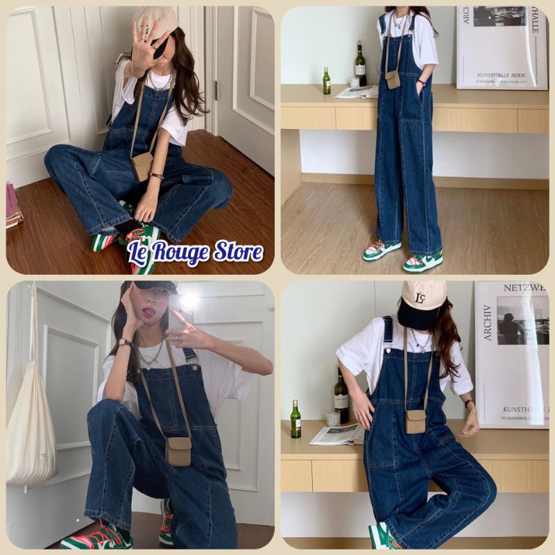 (ORDER) Quần yếm dáng dài ống rộng jean xanh đậm sọc gân giữa phong cách cá tính nữ sinh ulzzang