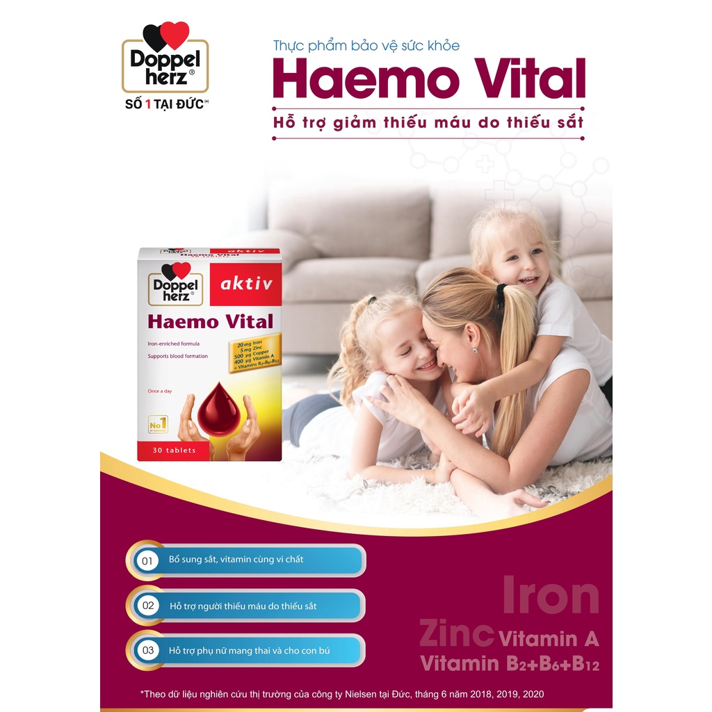 Viên uống bổ sung sắt và vitamin, ngừa thiếu máu DoppelHerz Aktiv Haemo Vital