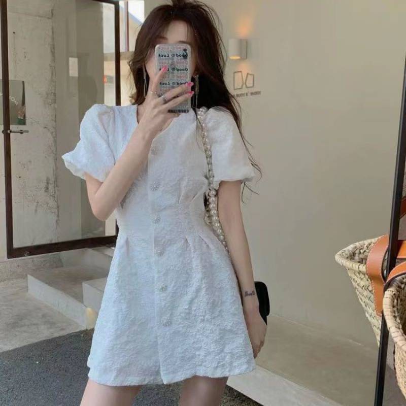 Váy tiểu thư ngắn tay chun hở lưng chất xốp gấp dày dặn hàng Quảng Châu PANOSI - V634